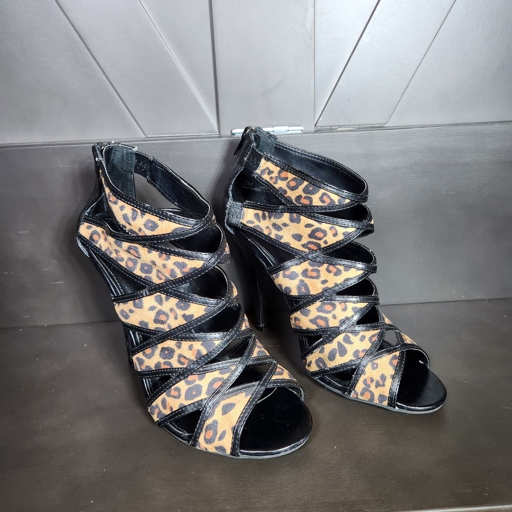 Mix No6 Leopard Print Strappy High-Heel Sandals Leopard Print Womens 8 - Picture 2 of 11